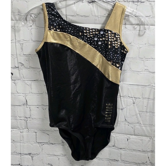 Girls Gymnastics Ballet Leotard DanceBodysuit Black And Gold Justice Size 14. T1 - Picture 1 of 5